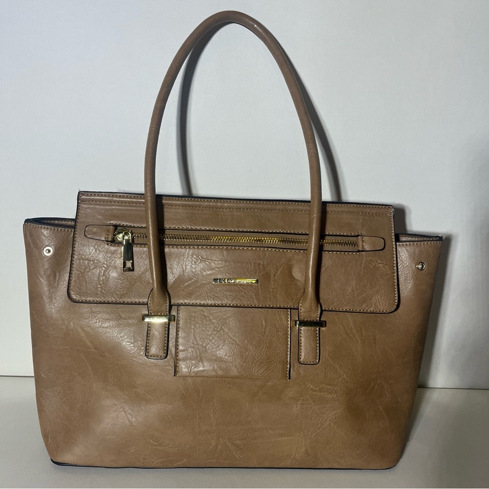 BCBGeneration Tan Tote Bag with Structured Design and Gold Hardware